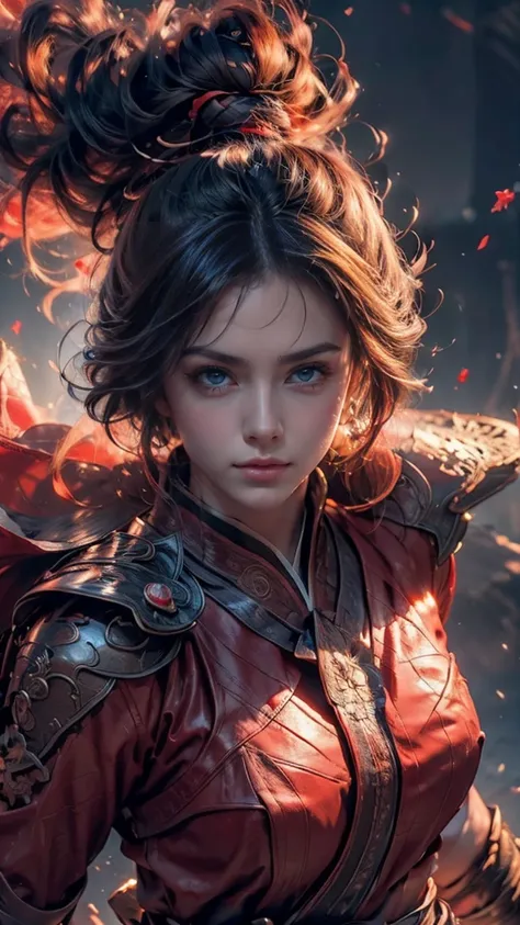 tmasterpiece，16k，high high quality，artwork of a，Martial soul，1 girl，red theme，smog，floating weapons，long sword，Bright lights，Bright background，sweety face，delicated face，Vivid textures，Photos taken with Sony camera，Cinematic lighting，full bodyesbian, close...