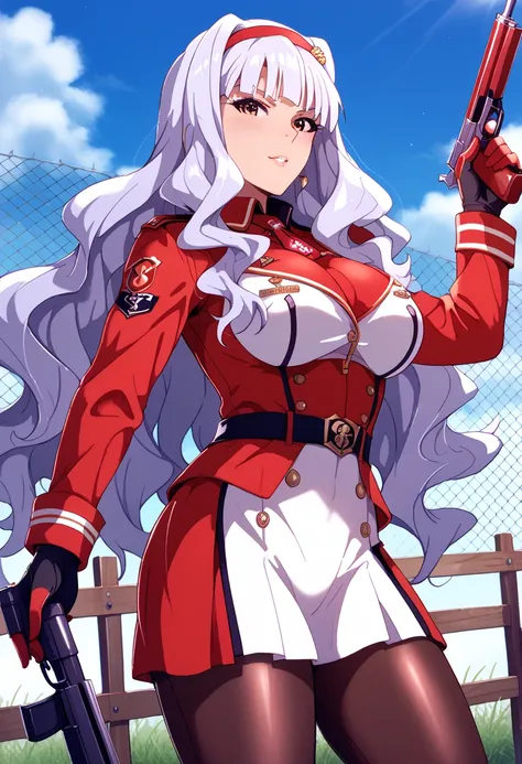 Red cavalry uniform, Musket, (Shijou Takane), long hair, large breasts, Take a gun and aim, Grassland and fence