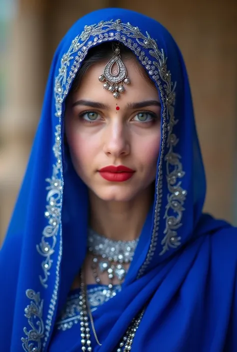 Image of a very very beautiful and very fair white skinned young Bihari woman wearing royal blue colour saree having so many silver embroidery on it with royal blue veil covering her head and forehead fully having so many silver embroidery on its edges wit...