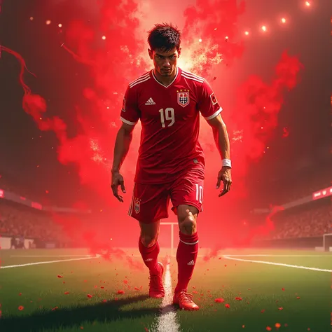 make me a picture of a Japanese football player with a red aura effect