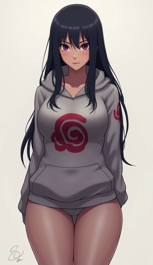 1 girl, Alone , HinaTasDXL,  long hair, cabello negro,  purple eyes,  white eyes, Hyuuga Hinata, pechos grandes,  wide hips , thighs, pantalones, hood, hood down,   forehead protector  ,  symbol of Konohagakure , flushed, shy, standing,   looking at the sp...