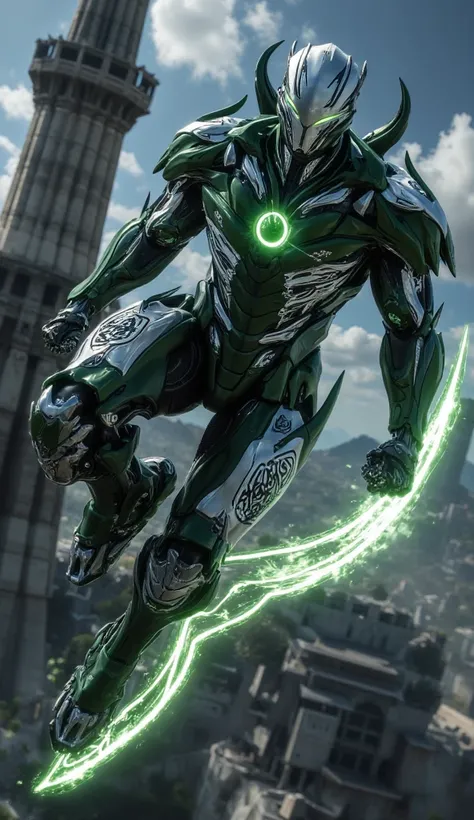 A sleek, emerald-green suit with silver and white accents. The arc reactor glows in the shape of a crescent moon and star, representing the national flag. The armor is engraved with intricate Islamic geometric patterns, and the helmet has a smooth, minimal...