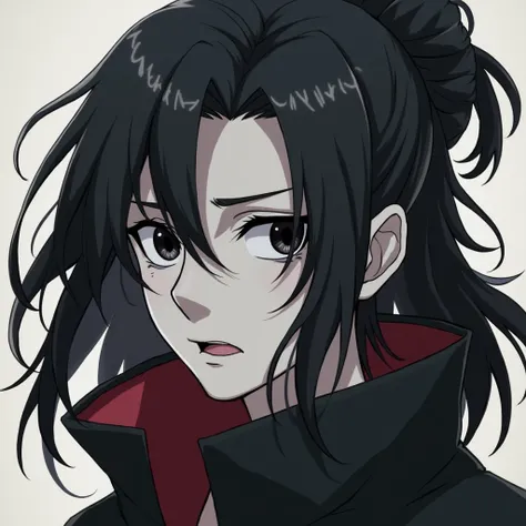 Eye color : Black Onyx - Japanese shaped and big
Hair : Dark Black Long and loosen .. tied as a bun
Skin : Very White, too pale, Full with moles and moles under eyes.
body : Tall , masculine.. stress lines 
Male ninja man 
UCHIHA MAN LIKE ITACHI

( MALE MA...