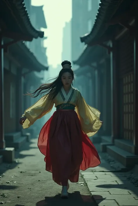 Low-angle scene where a 30-year-old woman runs away after loosening her head while wearing a hanbok