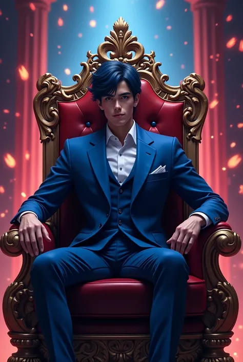 Background Color: Black,Red,Blue Spark
Scene: young man in a royal blue suit sitting in a throne with kakashi name on the back Dark blue hair and more on realistic 