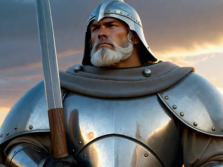 A realistic depiction of a strong warrior with a heroic and stoic expression, wearing a silver medieval-style helmet with curled white hair and a short beard. The character is dressed in a gray padded tunic with three large square-shaped metal plates on th...