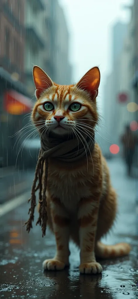 cat standing in the rain wearing begging clothes on the street