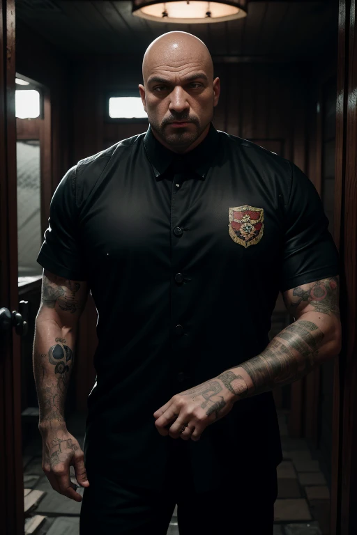 





A bald, middle-aged Russian mafia boss, with tattoos, is standing in the center of a prison cell, looking menacingly directly at the camera. He has a harsh expression, aged 40-50, with weathered skin, and a strong, powerful build. The prison cell is ...