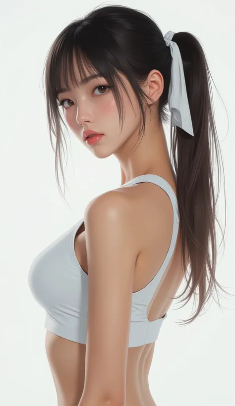  Japanese woman、 ponytail、 white ribbon、 white sports bra