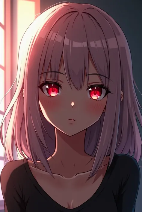   Dark brown skin woman  ,  pink gray colored hair ,  stupid hair，  Up to the ankle 、 Red Eyes , ,   lenses for thin faces and bright red lips    ,     it's anime or anime style   、   it's like it's part of a visual novel   ,    beautiful appearance but da...