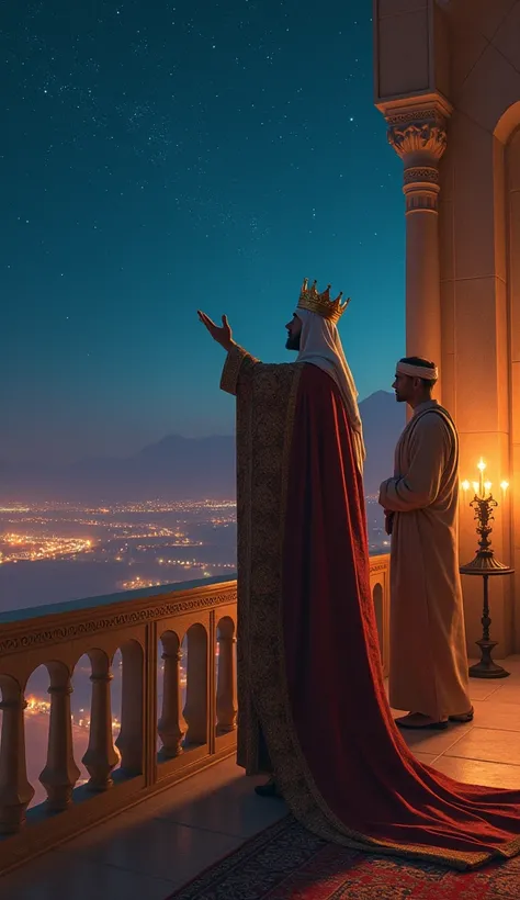 Middle east background, King points to stars from palace balcony, Abu Nawas behind the king