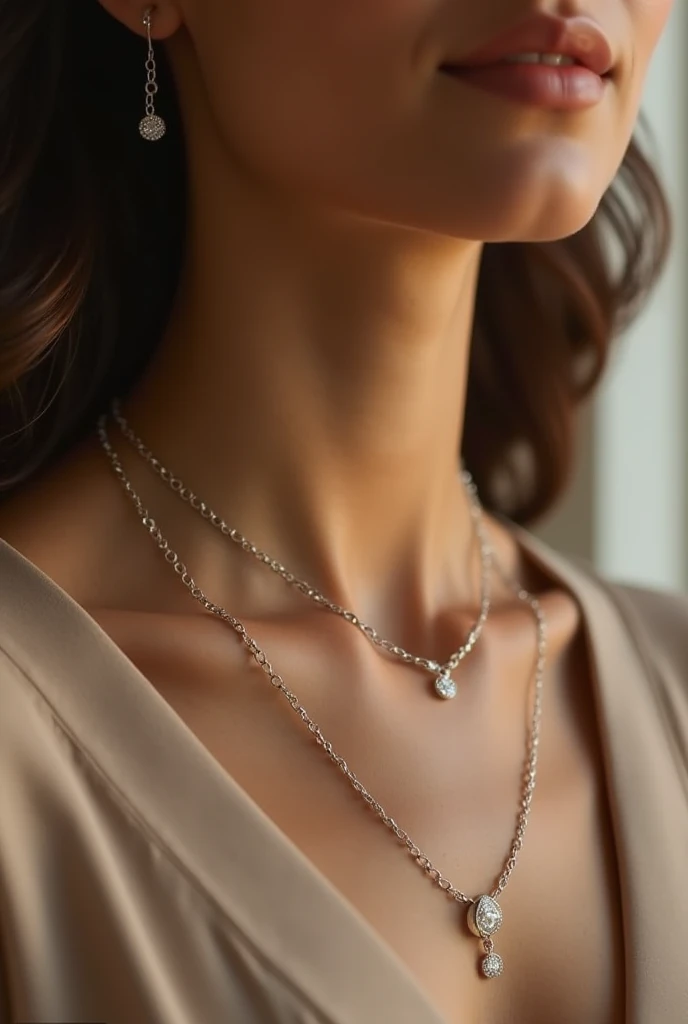 " Create a realistic image of a woman wearing a white gold or silver necklace ,  with a thin and delicate chain that has small shiny stones spaced along the length.  The woman must have an elegant and minimalist style ,  wearing a discreet blouse or dress ...