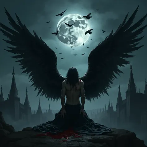 Fantasy image Gothic city background  ,Night, Huge black moon, And before a dark angel with bleeding wounds on his knees with open wings crying and crows in the sky