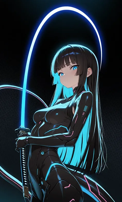 masterpiece,  top quality,  amazing quality , Character-centered,  minimalist,  side angle , Upper body, Hime cut, long tail hair ,Cybernetics, lifting katana , posing , dynamic angle , Face focus,  looking at the viewer ,  backlit ,  one side light ,circu...