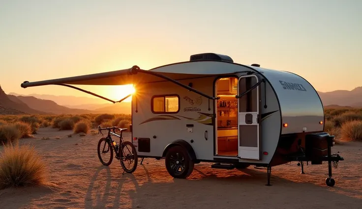 The image shows a compact travel trailer parked in a scenic desert area during sunset, with mountains visible in the background. The trailer features an awning extended on the side, creating shade, and its interior is visible, showcasing a modern kitchenet...