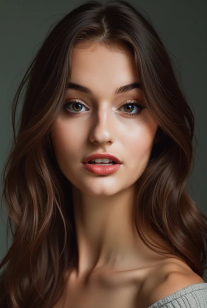 un portrait d'une expression sensible, Who hides insecurities,  represent me with artistic sensitivity by focusing on expression,  with a straight and confident look ,  I am white with brown eyes , French origin, with medium long brown hair ,  thin lips an...