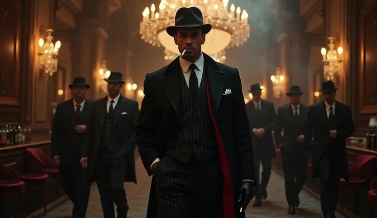 Here’s a refined text prompt incorporating his gang:  

**"A sharp-dressed man in a 1920s-style pinstripe three-piece suit, wearing a long black overcoat with a red lining, a flat cap, and leather gloves, stands confidently in the center of a grand, dimly ...