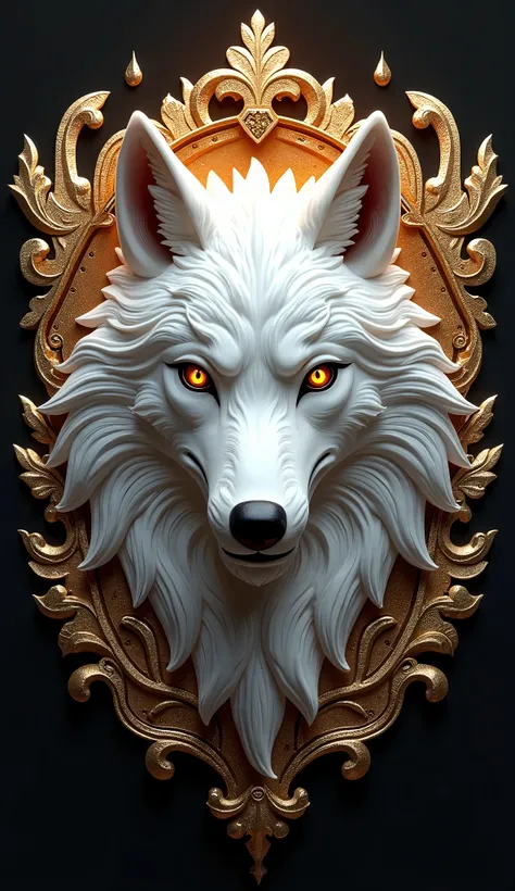 Create a 3D funny white wolf logo, Metal, gold, titanium, diamonds, family coat of arms, белое gold,  laser lights 