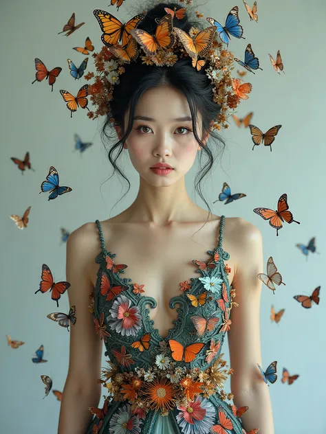 full-body portrait of a asian woman, perfect face, perfect figure, wearing a headdress and a dress made of many butterflies, strange, magnificent, grand, when you see it, you'll be amazed, there's no background  -imagine -