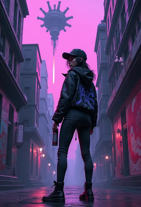 a woman with a skater cap standing in an alley, psytrance artwork, purple future city, cyberpunk, dark castle background, covid-19 as a human, futuristic blame, surreal, full length portrait of a graffiti artist, upside down planets, royalcore, woman with ...