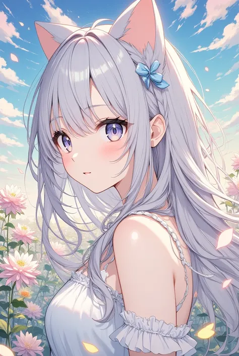  Long silver hair,   The pale lines and gentle use of colors are like a dream,   fleeting impression  ..,  one woman 、Dahlia background   、Cute clothes,  Cat ears girl  、Beautiful work,  Pink Eyes