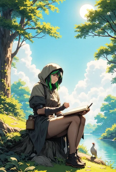 masterpiece, best quality,, 1girl, sitting, animal, animal ears, bird, black_hair, book, bookmark, branch, gloves, grass, green hair, holding, holding book, hood, hood down, leaf, looking at viewer, multicolored hair, open_book, partially fingerless gloves...