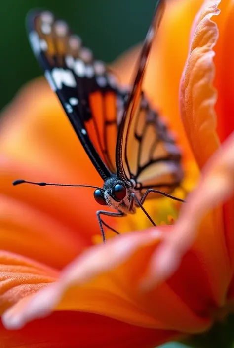 A bright, macro image of a butterfly perched on a brightly colored flower, its feet delicately touching the petals.
