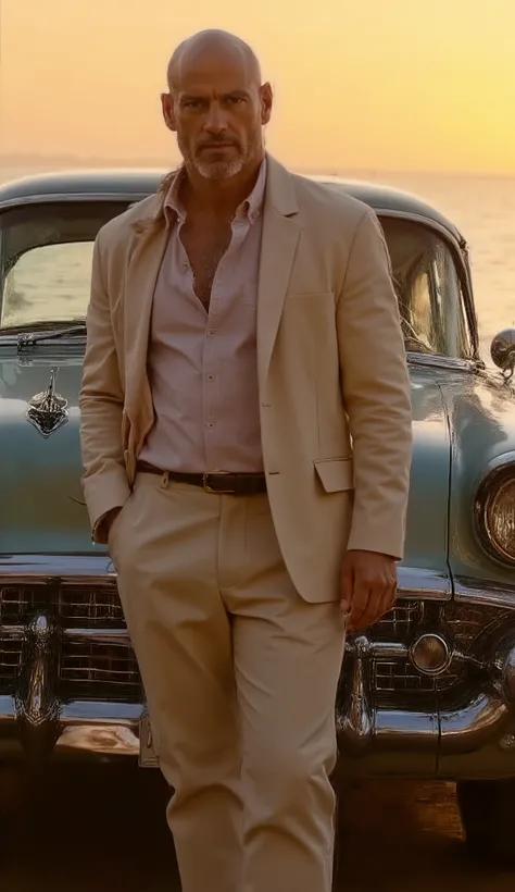 A bald man with stubble in a summer linen suit stands in front of a retro car, evening time, lighting from the setting sun , ocean shore against