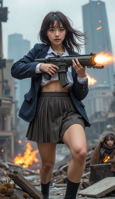 A highly cinematic and action-packed scene of a young woman firing a twin-barreled assault rifle amidst the ruins of an apocalyptic city. The composition is dynamic and dramatic, capturing the intensity of the moment as if taken straight from a blockbuster...