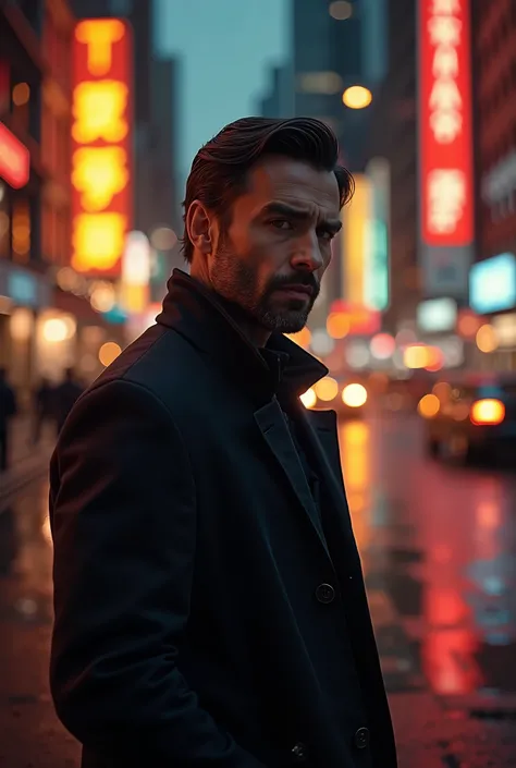 a man with black jacket in city light 