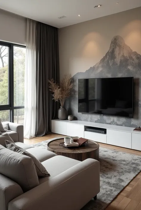 A living room, with dark gray curtains, a light gray L-shaped couch, a double-seater couch, a white TV stand, a 65" TV mounted on the wall, and a mural on another wall.