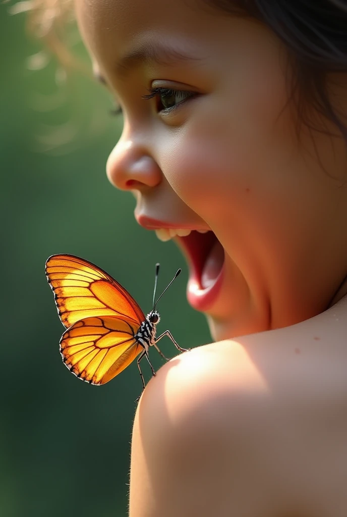 A bright, macro imag
A playful scene of a butterfly landing on someone’s shoulder, with the person’s surprised expression captured.
