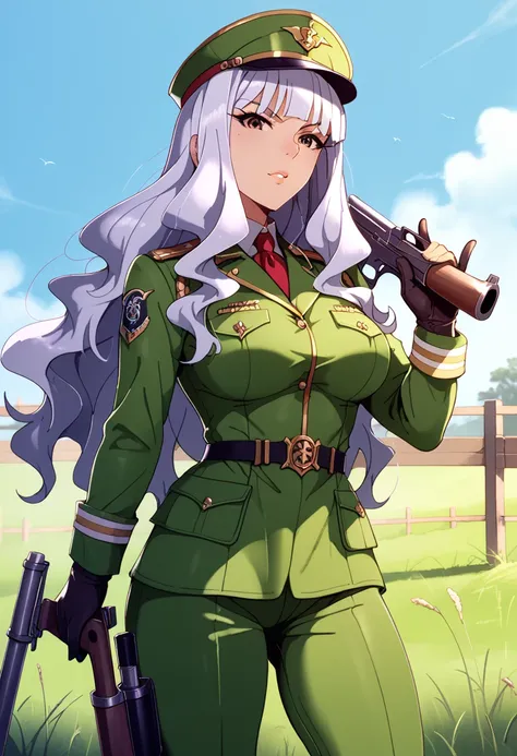 dark green cavalry uniform, Musket, (Shijou Takane), long hair, large breasts, Take a gun and aim, Grassland and fence