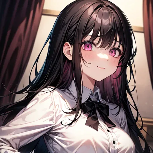  high definition、 Face Up、Above chest camera、 black hair long、 pink eyes、{ white shirt、 black tie}、{Droopy eyes}、 girl 、 is so lovely、 cute、Big Breasts、 slightly young、Calm hair、Fluffy、Petite、pink beautiful eyes、smile、 long、room、{ black hair}、 Face Up