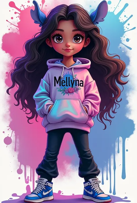 A young woman with a cartoonish appearance is centered in the image. The character has fair skin, oriental eyes, Brazilian features, long, tightly curled dark brown hair, and large, expressive eyes. She is wearing a holographic hoodie with a star design. T...