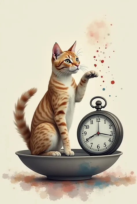 surreal setting,   pocket clock and wall clock painted with soft watercolors in shades of gray and sepia on one foot , 、 all showing the same time  , 。on the other hand、 Cats symbolize rigid time and social expectations  .   the clocks go off towards the e...