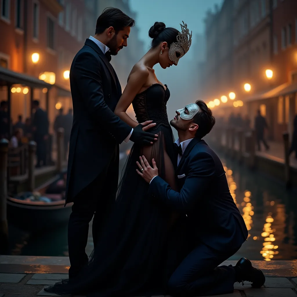 2 Mans, 1. man is standing and holding her from behind his arms wrapped around her waist, at the Carnevale di Venezia, viewed from the side of the woman, wearing traditional Venetian black costumes, sheer, transparent details, deep plunging neckline, corse...