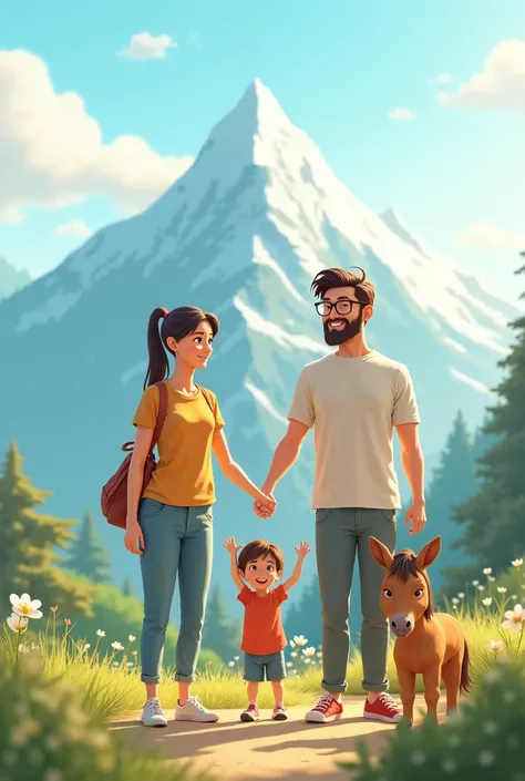 Create 10 animated Images of a young couple hand in hand with both elder daughter with a pony tail and a little son standing on a mountain and husband with beard and glasses