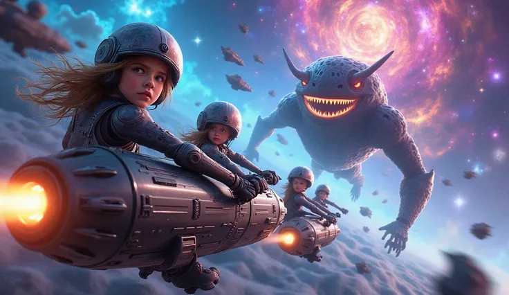 "Imagine a vibrant and chaotic space adventure set in a fantastical universe, where multiple spaceships zoom across a colorful nebula. In the foreground, a real girl with a determined expression pilots one of the ships, wearing futuristic armor and a helme...