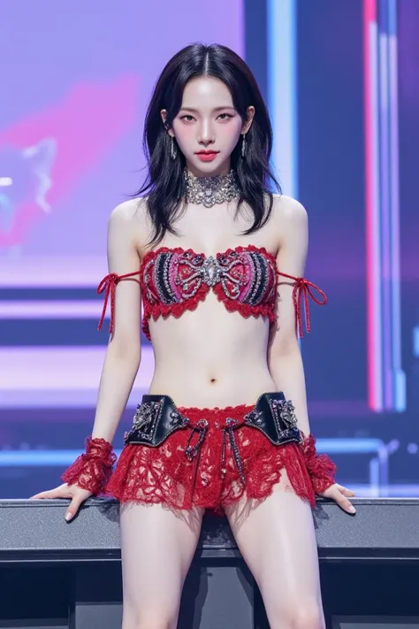 masterpiece, top quality,16k resolution, 1Girl, medium shot, half naked, medium length styled hair, black hair, large Breasts, wearing designer clothes, necklace, earing, kpop fancam, performing on a concept stage, 