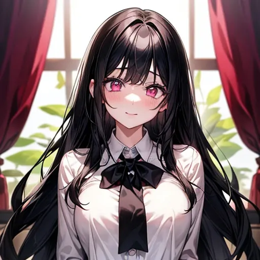  high definition、 Face Up、Above chest camera、 black hair long、 pink eyes、{ white shirt、 black tie}、{Droopy eyes}、 girl 、 is so lovely、 cute、Big Breasts、 slightly young、Calm hair、Fluffy、Petite、pink beautiful eyes、smile、 long、room、{ black hair}、 Face Up