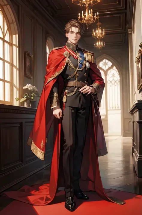 handsome man、Beautiful Boy、 tea hair、 European style、Duke、Dutch-style military uniform、 red cloak 、Gothic、1 person、Inside the palace、 Top Masterpieces、 full body image