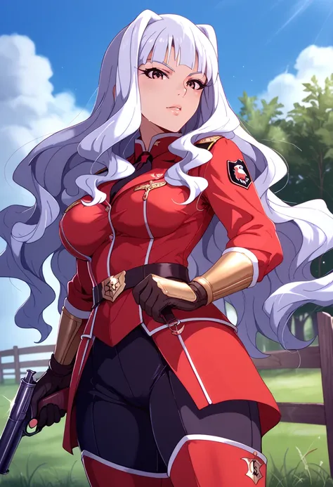 dark Red cavalry uniform, Musket, (Shijou Takane), long hair, large breasts, Take a gun and aim, Grassland and fence