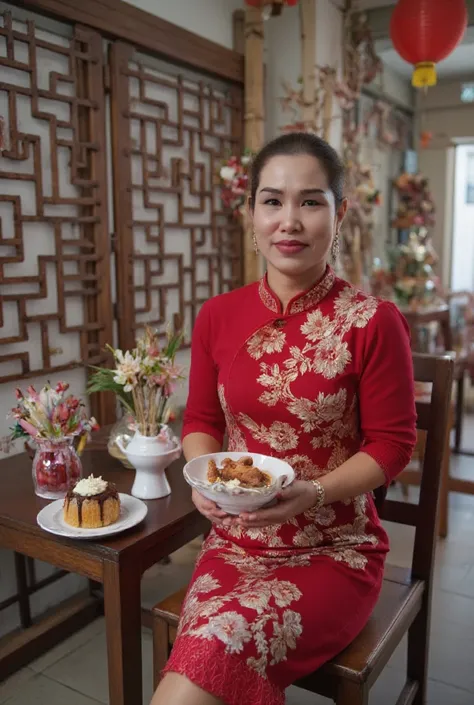  A young woman in a red china dress embroidered with gold sits in a lavatory. She holds festive decorations along with a festive dessert bowl, tea set and wooden furniture. The background features finely carved wooden panels, bamboo decorations and soft li...