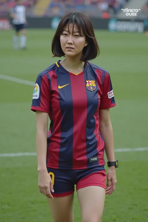 A scene where Kyung Hee plays an active role as a soccer player at FC Barcelona,  The appearance of FC Barcelona wearing a soccer uniform must be very realistic and realistic. Her number is 1. And I only wear a bra on top.  and the bottom is wearing pantie...