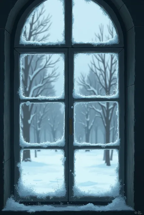 Create an image that is of a nostalgic view of a window seen from the outside, That there is no one.  that is from a window of a house in winter. And give it some perspective