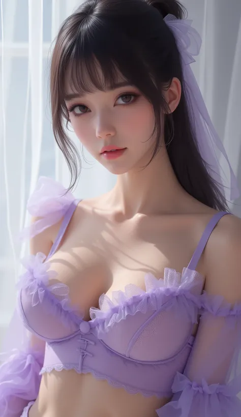  Japanese woman、 dark eyes、 ponytail、 white ribbon、light purple transparent bra、 small breasts 、Frills、 see-through