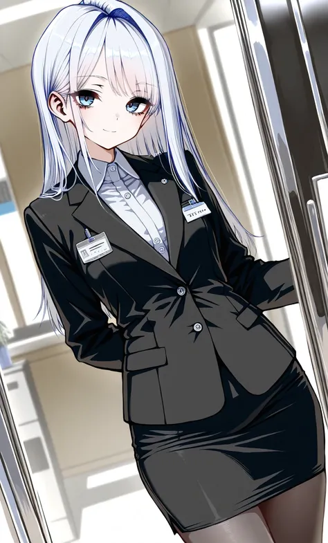 masterpiece,  top quality,  amazing quality , Character-centered,  silver hair , bright blue eyes, Tidy hair, secretary, black uniform,  cool impression,  soft smile, neatness