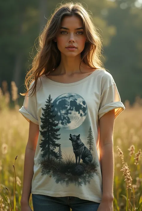 A woman in a t-shirt with a picture of the moon and a wolf on it