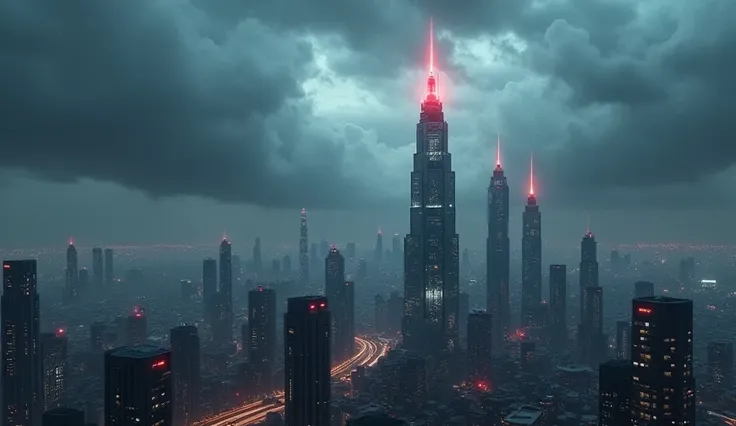 A vast futuristic city under a dark, stormy sky. The skyscrapers are adorned with holographic projections. A glowing red beacon flickers ominously on one of the tallest towers.